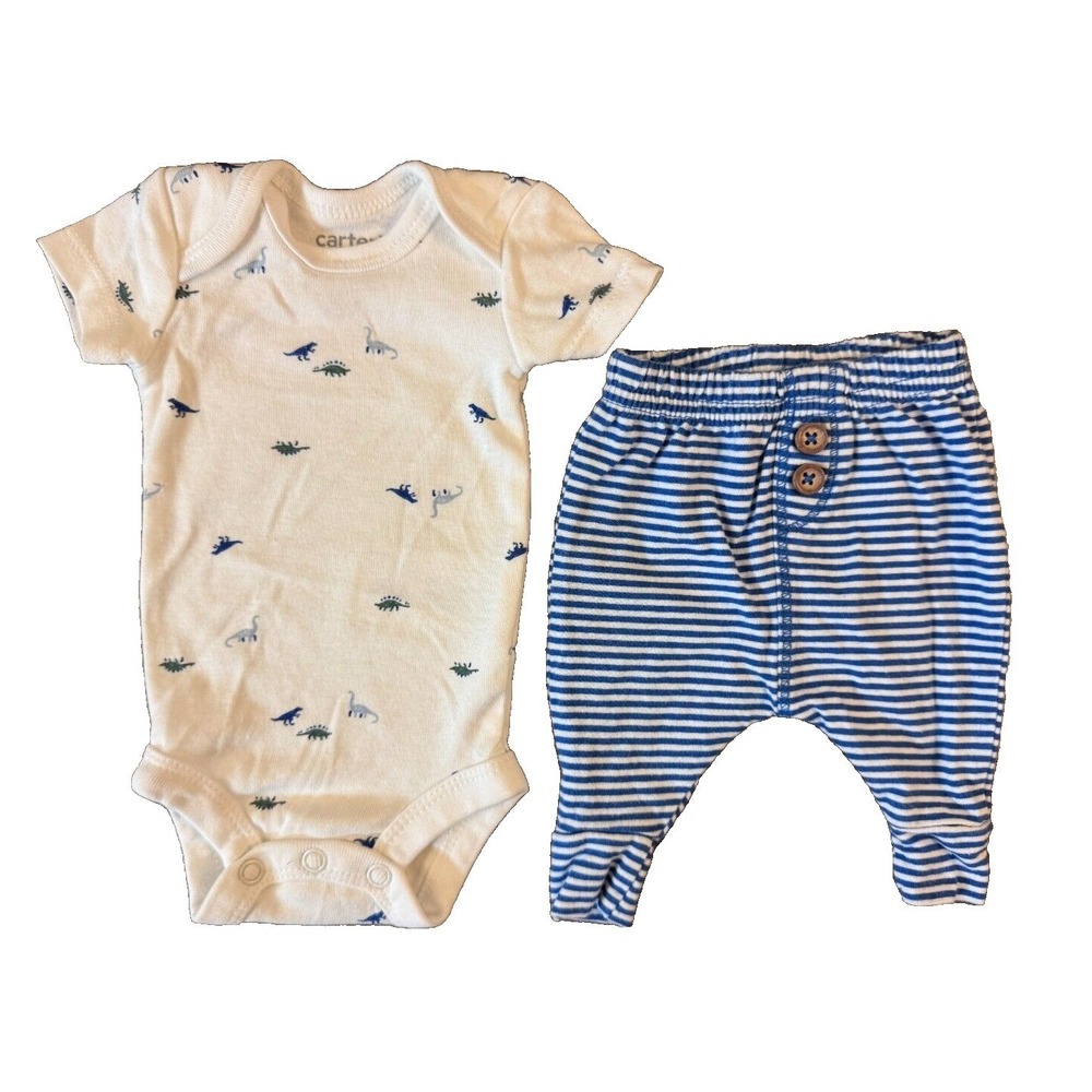 Carters Preemie Baby Boy Outfit Bodysuit Pants 2 Piece Reborn Doll Stripe Dinos